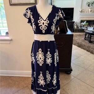 Women’s Navy Blue and White Embroidered V-Neck Dress